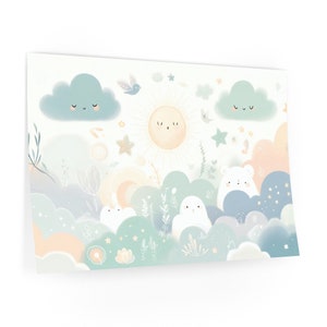 Stickers muraux fantaisie nuit pastel - Décoration animal mignon lune et ciel étoilé