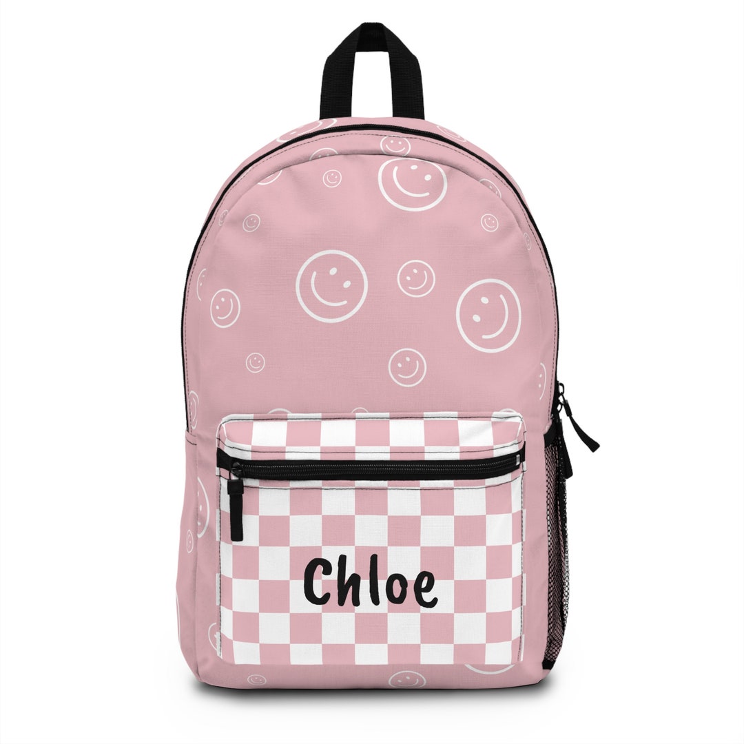 Personalized Pink Smiley Face and Checkered Backpack Durable and ...