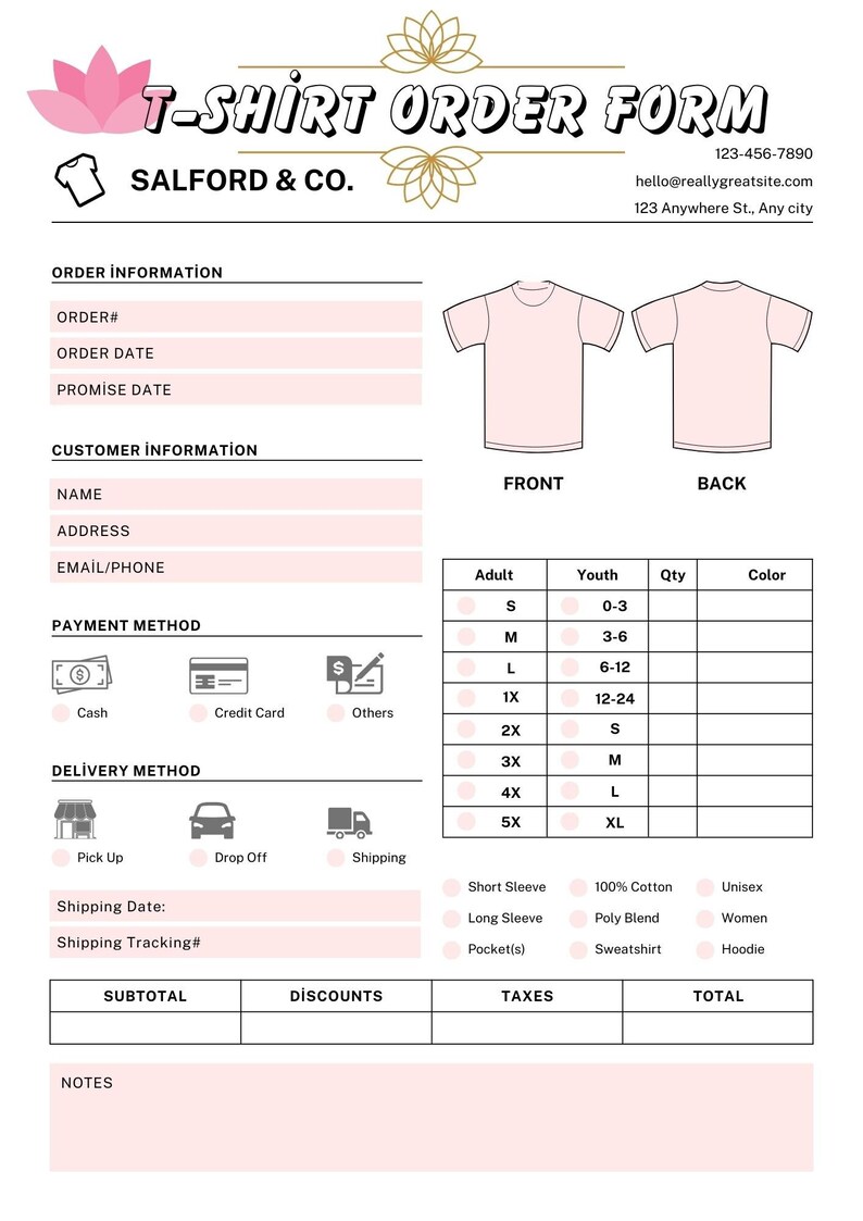 Editable Shirt Order Form Template, Printable Tshirt Order Forms ...