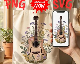 Guitarra acústica floral PNG, diseño de canción sorpresa, archivo Cricut de estilo cottagecore