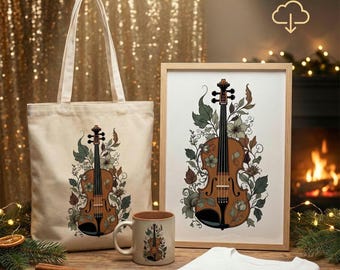 Guitarra floral SVG PNG, diseño de camiseta para amantes de la música, arte lineal de guitarra acústica, flores silvestres bohemias, descarga de sublimación para Cricut, regalo para músicos