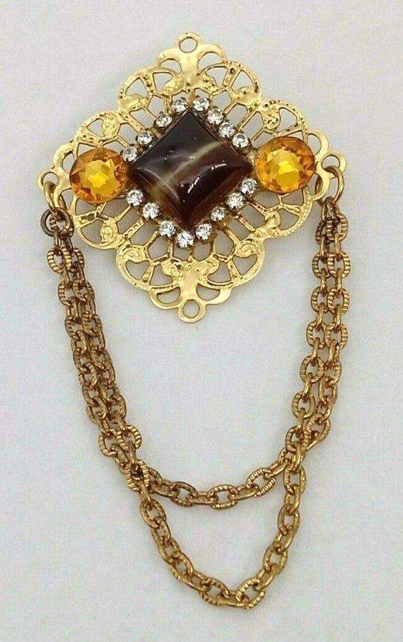 Vintage Ornate Brown Gemstone Brooch Pin Topaz Rh… - image 7