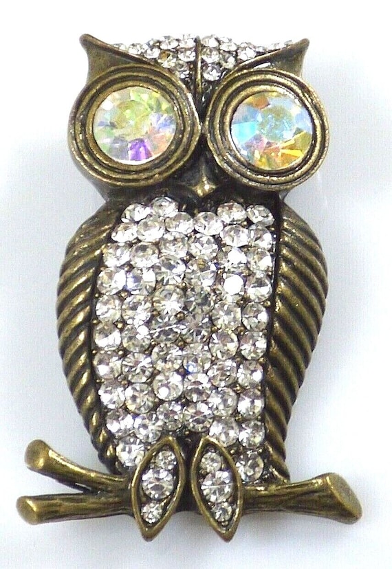 Vintage Owl On Branch Brooch Pin AB Aurora Boreal… - image 1