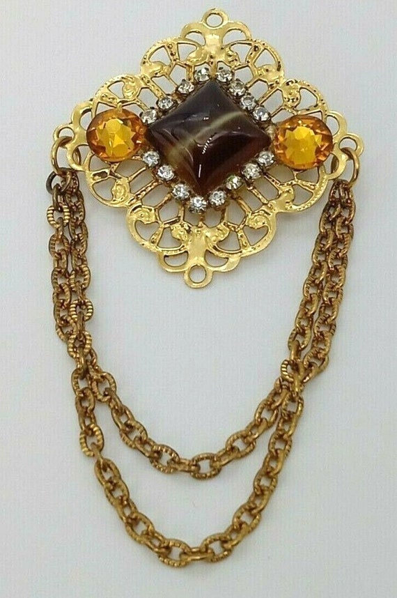 Vintage Ornate Brown Gemstone Brooch Pin Topaz Rh… - image 9