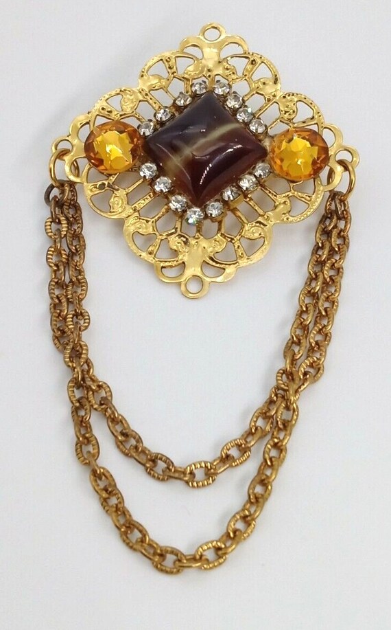 Vintage Ornate Brown Gemstone Brooch Pin Topaz Rh… - image 10