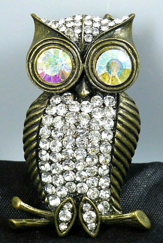 Vintage Owl On Branch Brooch Pin AB Aurora Boreal… - image 5