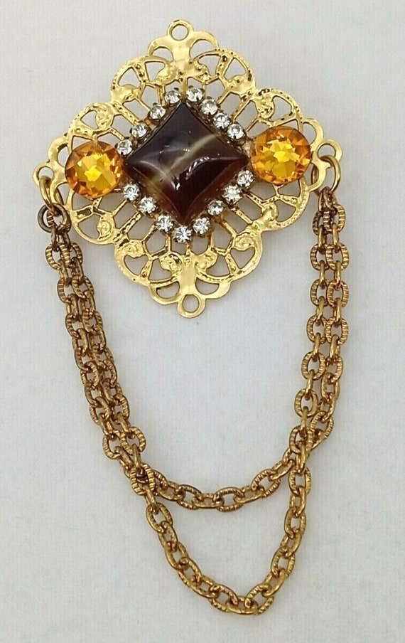 Vintage Ornate Brown Gemstone Brooch Pin Topaz Rh… - image 6