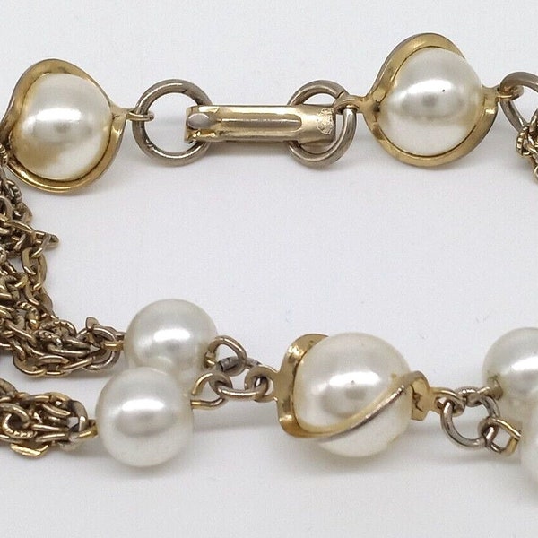 Multi Chain Drop Tassel Bracelet Gold Tone Faux Pearls Wrapped Vintage Elegant!