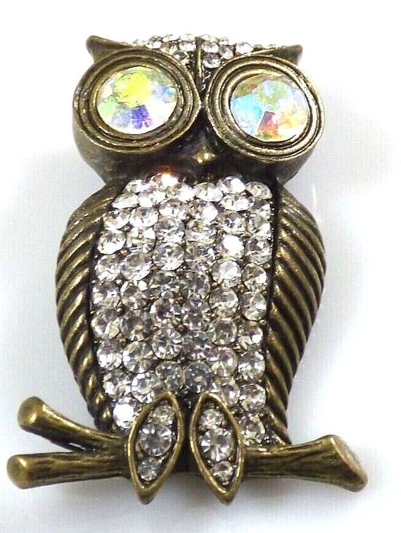 Vintage Owl On Branch Brooch Pin AB Aurora Boreal… - image 2