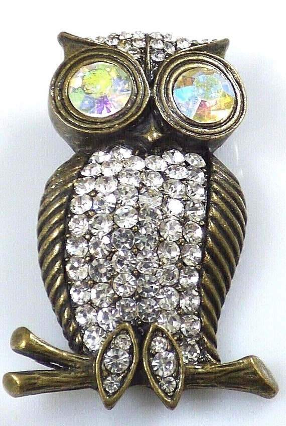 Vintage Owl On Branch Brooch Pin AB Aurora Boreal… - image 9