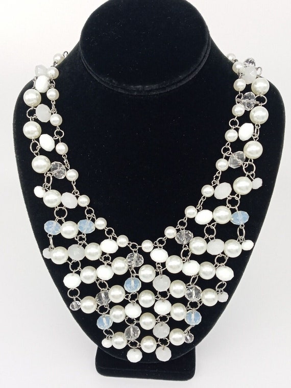 White Beaded Cluster Bib Statement Necklace Faux P