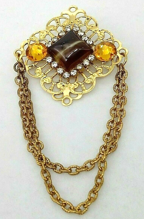 Vintage Ornate Brown Gemstone Brooch Pin Topaz Rh… - image 4
