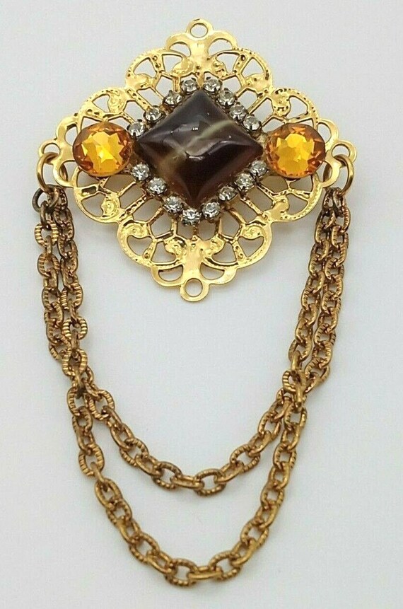 Vintage Ornate Brown Gemstone Brooch Pin Topaz Rh… - image 1