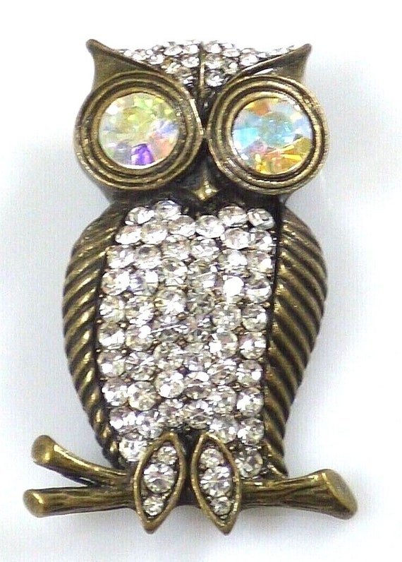 Vintage Owl On Branch Brooch Pin AB Aurora Boreal… - image 3