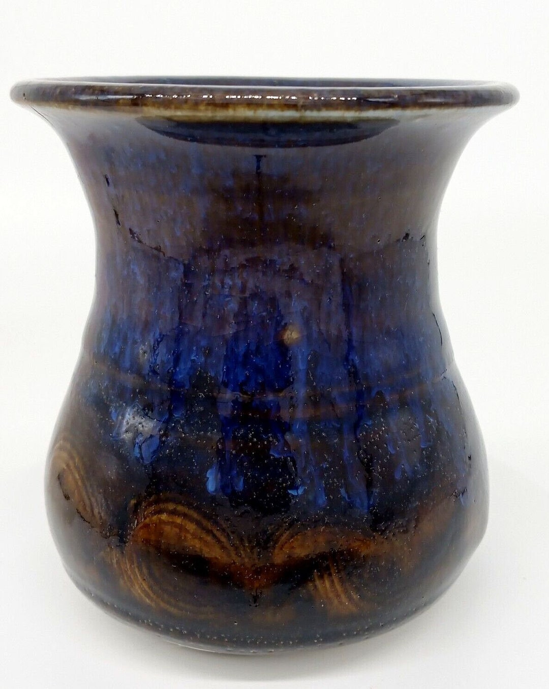 Blue Studio Art Pottery Vase Drip Glazed With Metal Spike Flower Frog ...