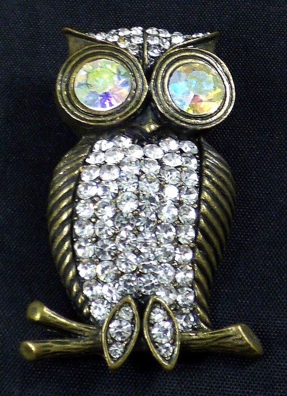 Vintage Owl On Branch Brooch Pin AB Aurora Boreal… - image 8