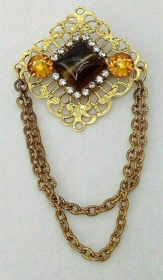 Vintage Ornate Brown Gemstone Brooch Pin Topaz Rh… - image 5