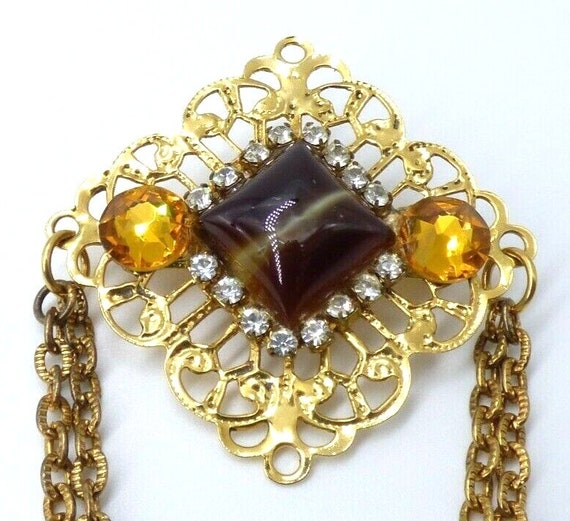 Vintage Ornate Brown Gemstone Brooch Pin Topaz Rh… - image 3