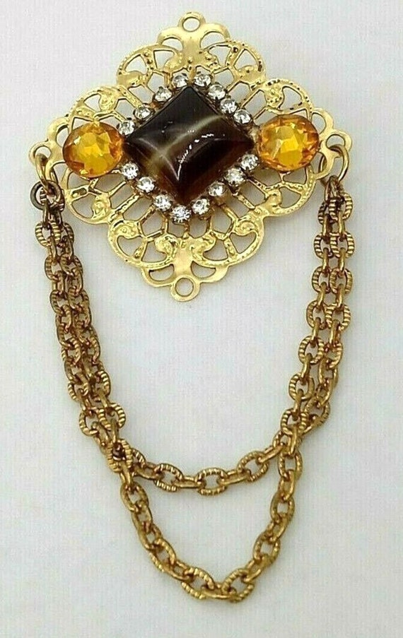Vintage Ornate Brown Gemstone Brooch Pin Topaz Rh… - image 2