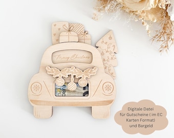May include: A wooden Christmas car with a gift-wrapped box on top and a Christmas tree on the side. The car has a slot for a gift card or cash. The text "Merry Christmas" is engraved on the car.