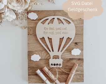 SVG lasercut file including commercial license cash gift hot air balloon, travel, birthday, baptism