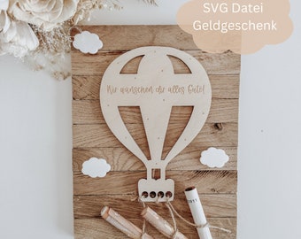 SVG lasercut file including commercial license cash gift hot air balloon with text, travel, birthday, baptism