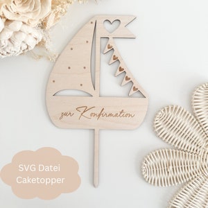Fichier SVG avec licence commerciale - Cake Topper bateau avec fanion pour baptême / communion / confirmation, Cake Topper