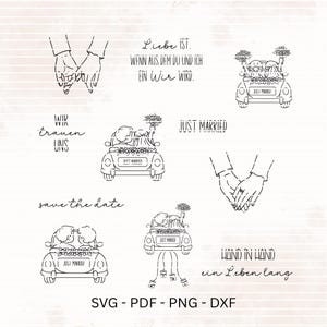 以下が含まれることがあります： 結婚をテーマにした白黒の線画イラストのコレクション。デザインには、手を繋ぐ、"Just Married"のサインが付いた車、"Save the date"や"Hand in hand"などのフレーズが含まれています。