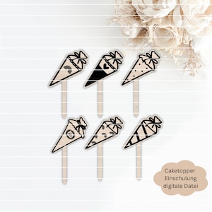 Archivo cortado por láser SVG incl. licencia comercial 6 toppers de pastel para la inscripción escolar, topper de pastel de cono de azúcar
