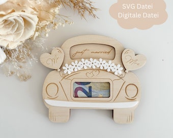 May include: A wooden cutout of a car decorated for a wedding. The car has a slot for money and says "just married" on the back. The car has white flowers and two hearts that say "Mr." and "Mrs."