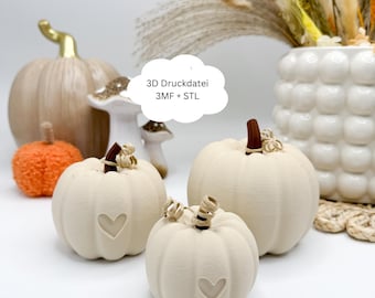 Puede incluir: Una colección de calabazas decorativas de varios tamaños y colores. Las calabazas incluyen una pequeña calabaza naranja texturizada y varias calabazas blancas con recortes de corazón. La imagen también incluye una calabaza beige grande con un tallo dorado y el texto "3D Druckdatei 3MF + STL".