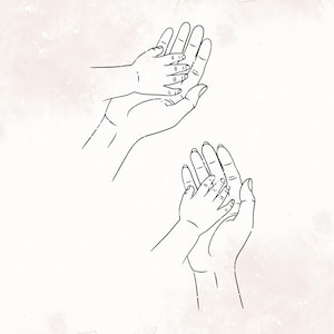 May include: A black and white line drawing of two hands, one larger than the other, with the smaller hand resting on top of the larger hand.