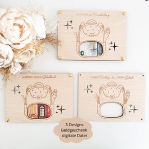 Fichier découpé au laser SVG avec licence commerciale 3 modèles de carte de sac d'école comme cadeau monétaire pour la rentrée scolaire, idée cadeau pour la rentrée scolaire