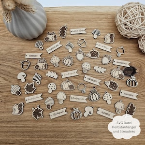 Könnte beinhalten: Eine Sammlung von Holz-Ausschnitten mit herbstlichen Motiven, darunter Kürbisse, Pilze, Eicheln und Igel. Die Ausschnitte sind lasergeschnitten und haben eine natürliche Holzoptik. Der Text auf den Ausschnitten lautet "Gartenzeit", "Herbstzeit", "Kürbiszeit", "Glückspilz" und "Holzbäume".