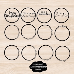 May include: Twelve black and white circular Christmas themed laser cutouts with various greetings including "Merry Christmas", "Frohe Weihnachten", and "Adventszeit".