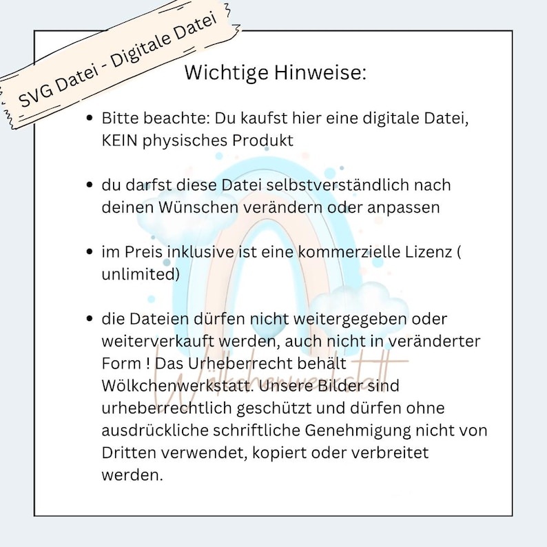 Pu&ograve; includere: Un avviso di download di un file digitale con una grafica arcobaleno. Il testo recita: "SVG Datei - Digitale Datei" e "Wichtige Hinweise:" seguito da un elenco di informazioni importanti sul file.