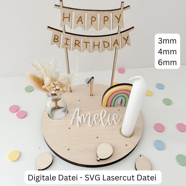 SVG  Datei Geburtstagsteller mit Zahlen, Regenbogen und Wimpelkette Happy Birthday, SVG DATEI Geburtstagsteller