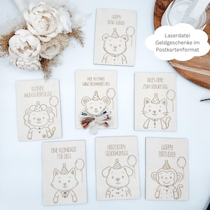 Laserdatei Geldgeschenk im Postkartenformat, Geburtstag, Kindergeburtstag, Geschenkideen, Tiere, SVG, png, pdf, dxf Datei inkl. Lizenz