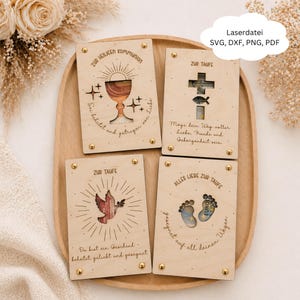 May include: Four wooden cards with laser-cut designs and gold-colored studs. The cards feature religious themes, including a chalice, cross, dove, and footprints. Text in German is visible on each card, with the words "Laserdatei" and "SVG, DXF, PNG, PDF" in a speech bubble.