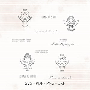 Könnte beinhalten: Schwarz-Weiß-Illustrationen von Engeln mit Heiligenschein und Flügeln. Texte wie „Ich beschütze dich“ und „Schutzengel“. Dateiformate: SVG, PDF, PNG und DXF.
