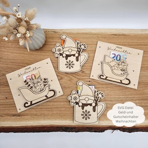 Buono SVG e porta soldi, slitta e gnomo, confezione regalo di Natale, file laser inclusa licenza commerciale