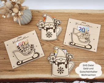 May include: Three wooden Christmas card designs with a Santa mug, a sleigh, and a gift box. Each card has a slot for cash or a gift card. The text on the cards reads "Frohe Weihnachten" which means "Merry Christmas" in German.