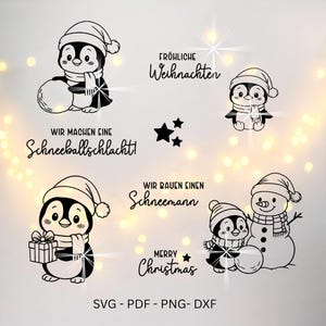 Puede incluir: Ilustraciones en blanco y negro de pingüinos con ropa de invierno, con texto en alemán e inglés. Las imágenes incluyen pingüinos con bolas de nieve, regalos y un muñeco de nieve, con la frase "Merry Christmas".