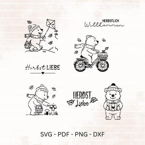 Puede incluir: Ilustraciones en blanco y negro de osos en escenas otoñales. Un oso vuela una cometa, otro monta en bicicleta y un tercero recoge setas. El texto incluye "Herbst Liebe" y "Herbstlich Willkommen". Formatos: SVG, PDF, PNG, DXF.