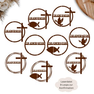 Fichier laser 9 boucles pour confirmation, confirmation colombe, croix, poisson, confirmation, SVG, pdf, png, dxf avec licence commerciale