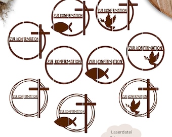 May include: Nine brown circle designs with a cross and the text "ZUR KONFIRMATION" in a white outline. The designs include a dove, a fish, and a cross.