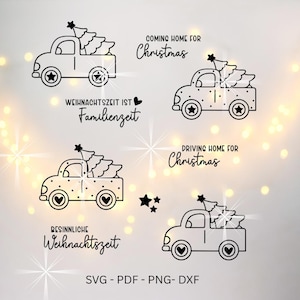 Puede incluir: Ilustraciones en blanco y negro de camionetas con temática navideña que transportan árboles de Navidad. El texto incluye "Coming Home for Christmas", "Weihnachtszeit ist Familienzeit", "Driving Home for Christmas" y "Besinnliche Weihnachtszeit". La imagen también incluye "SVG - PDF - PNG - DXF".