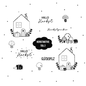 May include: Black and white illustrations of houses, mushrooms, pumpkins, hedgehogs, and text that says "Hallo Herbst" and "Herbstmotive Teil 2".