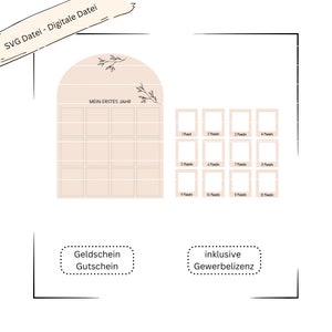 May include: A printable chart for tracking a baby's first year. The chart has 12 squares, one for each month, with the text "Mein erstes Jahr" (My First Year) at the top. The chart is in a light peach colour with a floral design.