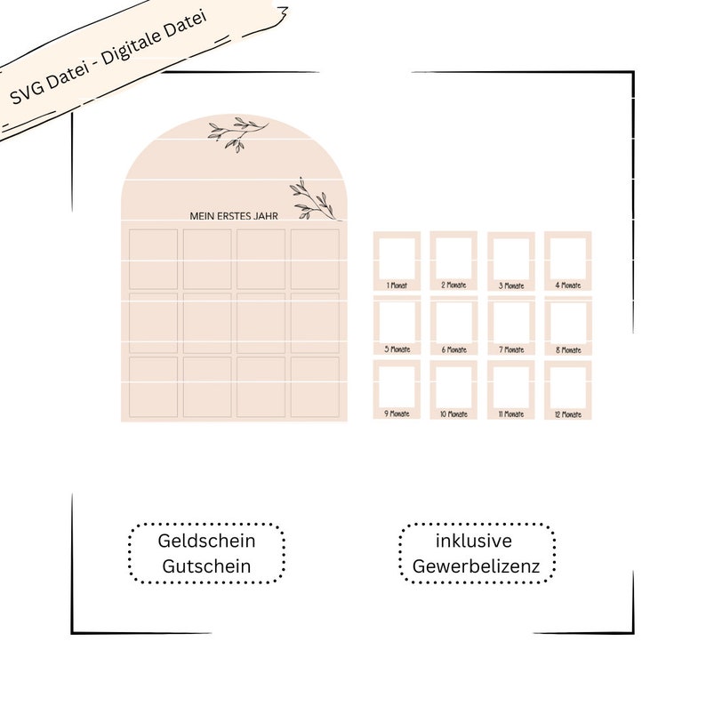 May include: A printable chart for tracking a baby's first year. The chart has 12 squares, one for each month, with the text "Mein erstes Jahr" (My First Year) at the top. The chart is in a light peach colour with a floral design.